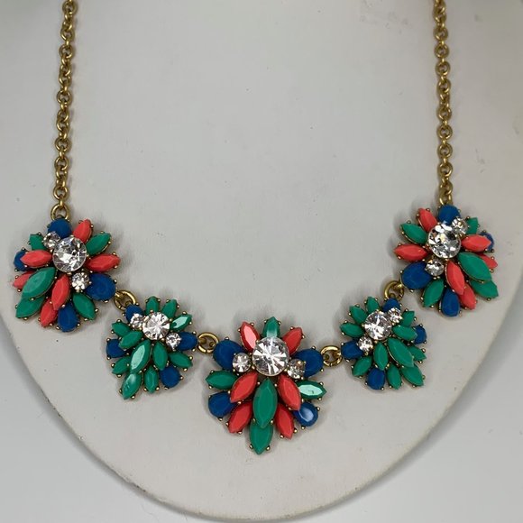 J Crew Blue Green Coral Flower Necklace 